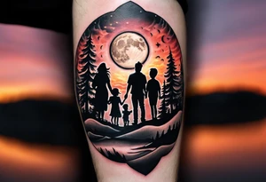 Tattoo of a family of four on a male forearm 
- dad, mom and two boys around a campfire.  Background is a sunset at the bottom, night at the top with a big beautiful moon. tattoo idea