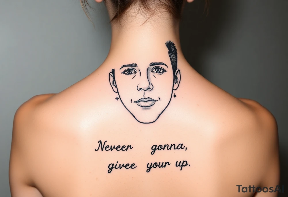Young Rick Astley Face with Never Gonna Give You Up text tattoo idea