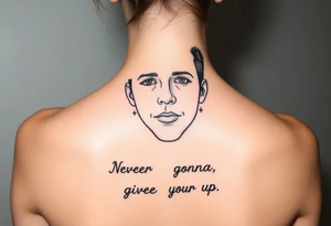 Young Rick Astley Face with Never Gonna Give You Up text tattoo idea