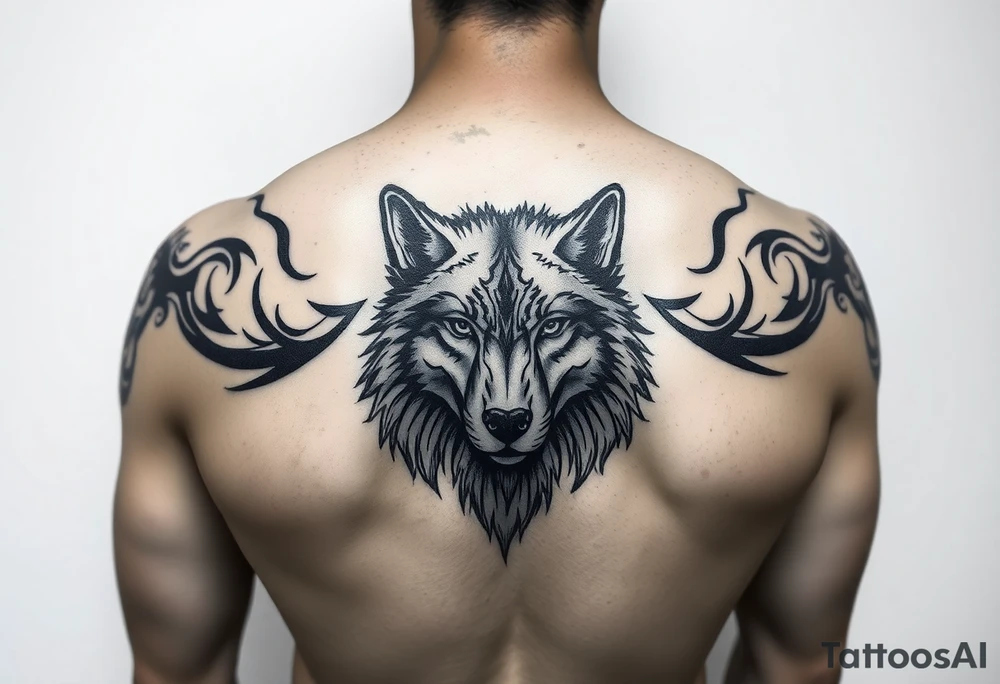 powerful majestic tribal tatto with wolf tattoo idea