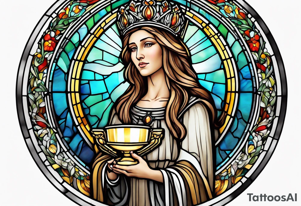 holy saint woman with halo stained glass holding a chalice tattoo idea