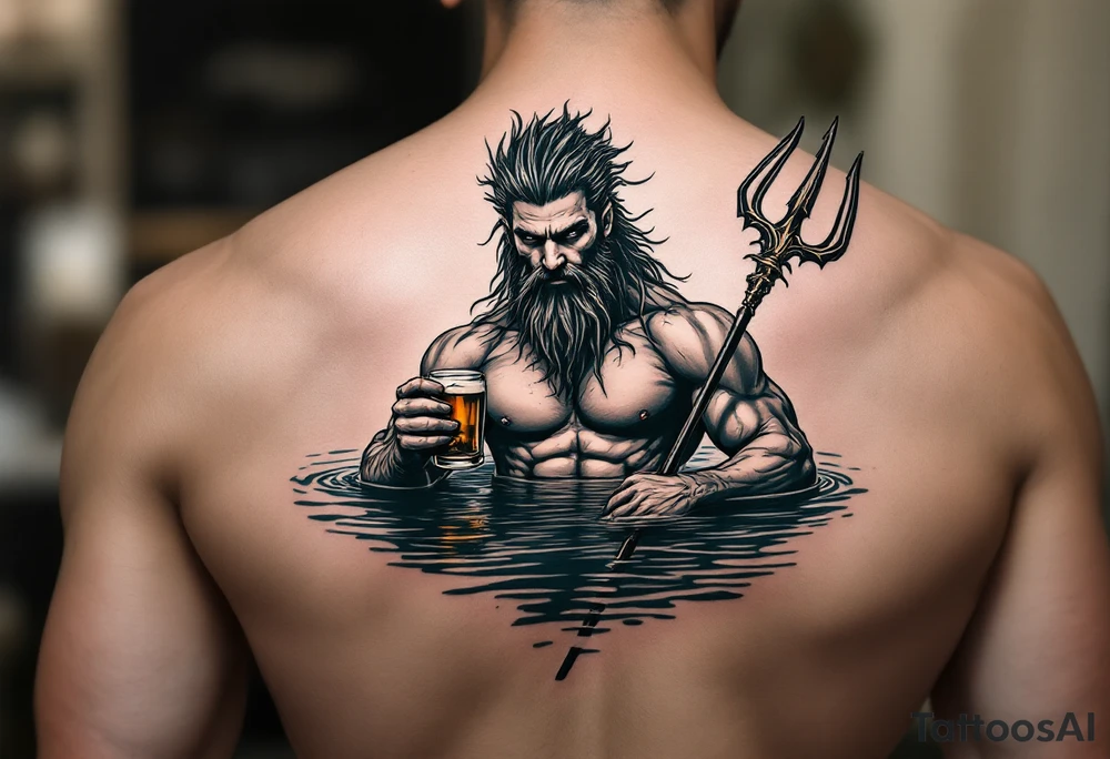 young, fit poseidon in calm water, behind a trident, holding a beer, looking at you tattoo idea