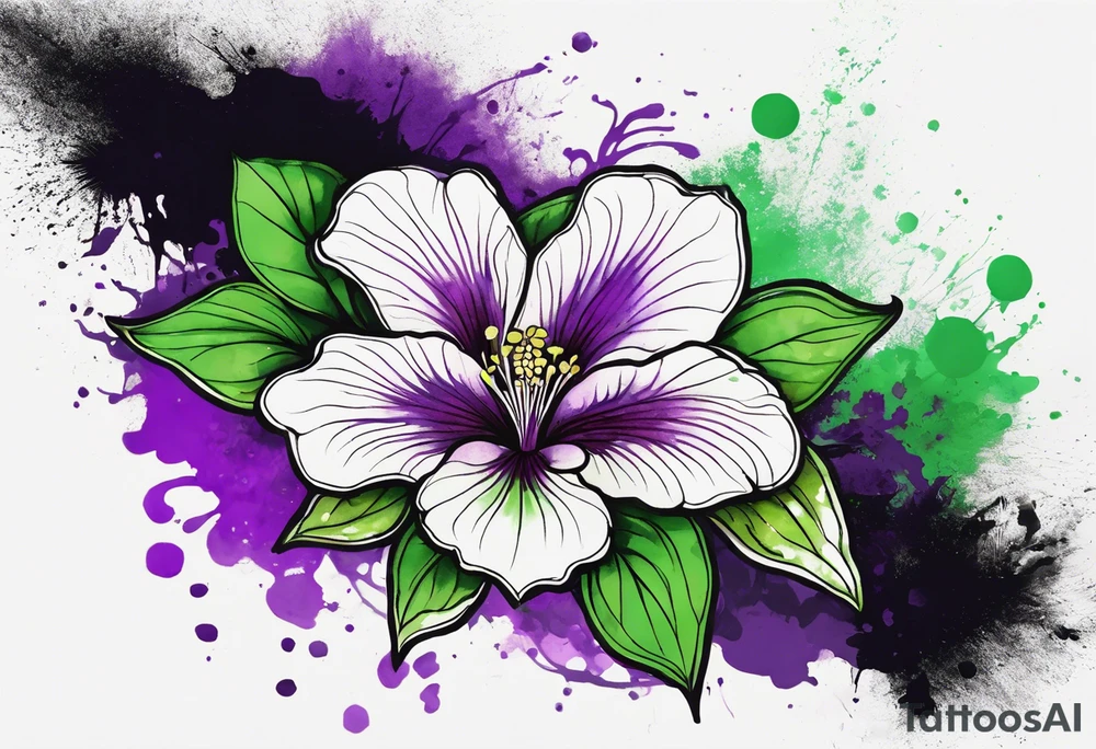 A mystical outline of a green and purple rio dipladenia flower and a green and purple watercolor splash in the background tattoo idea