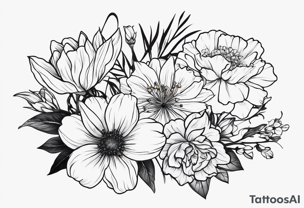 small minimalist black and white tattoo of a flower bouquet that MUST include 6 DIFFERENT flowers with ONE OF EACH: a carnation, a daffodil, a lily stock, a rose, a cosmos, and a chrysanthemum. tied together with a small bow tattoo idea