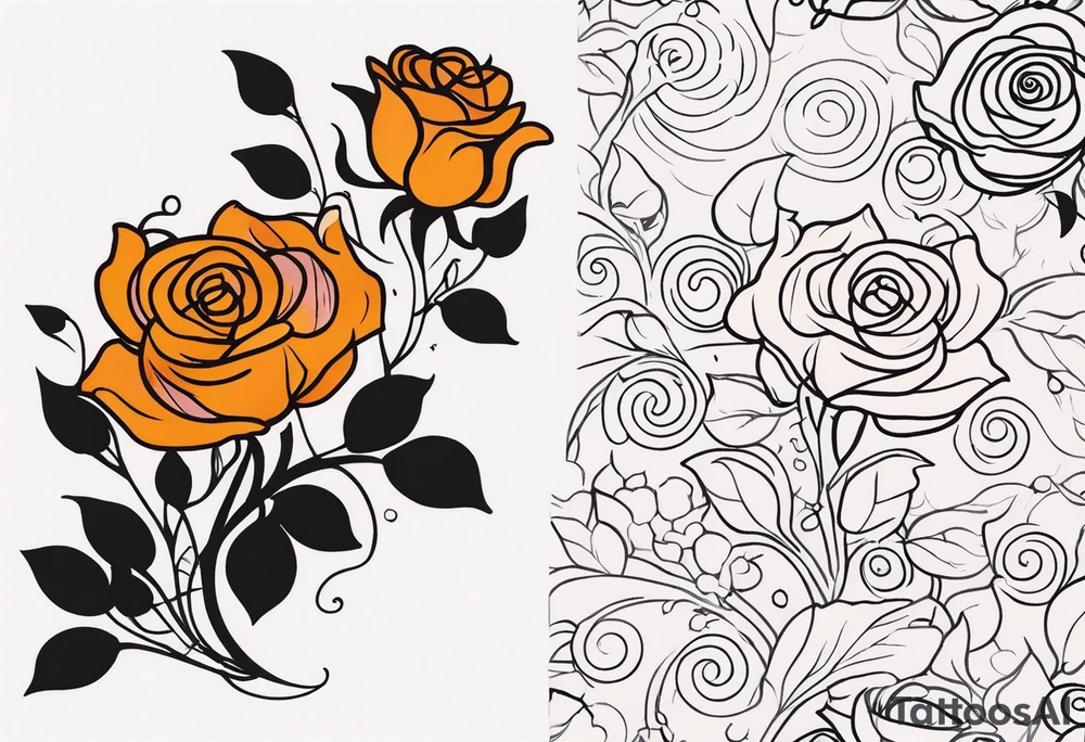 sleeve tattoo in fall colors with roses background swirls, leaves tattoo idea