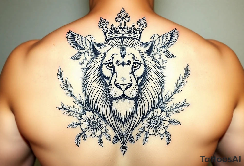 powerful majestic lion with a crown, surrounded by floral ornaments and birds tattoo idea