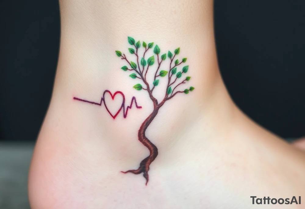 A heartbeat line flowing into a tree silhouette, with green leaves and brown bark, symbolizing the growth and strength of love tattoo idea