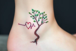 A heartbeat line flowing into a tree silhouette, with green leaves and brown bark, symbolizing the growth and strength of love tattoo idea