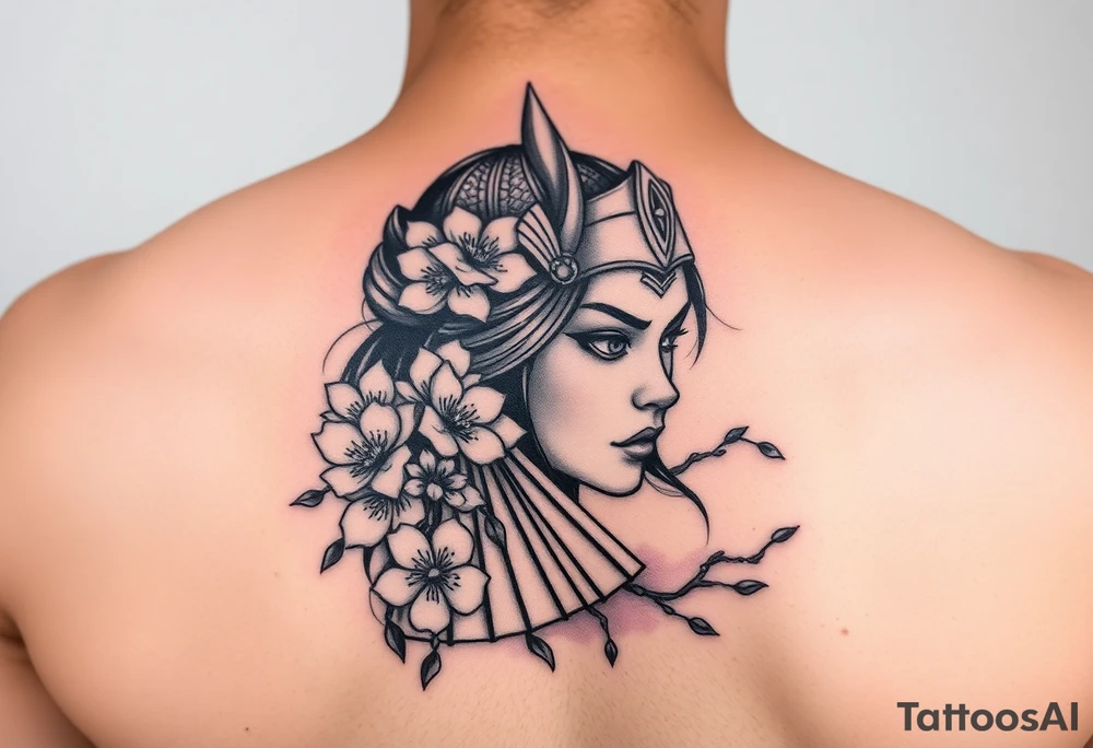 Samurai Asian face
with a fan across her face with cherry blossom with wind tattoo idea