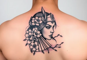 Samurai Asian face
 with a fan across her face with cherry blossom with wind tattoo idea