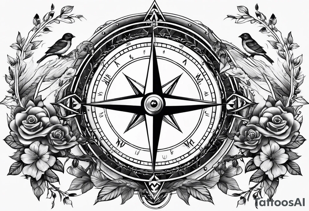 Compass with three birds tattoo idea