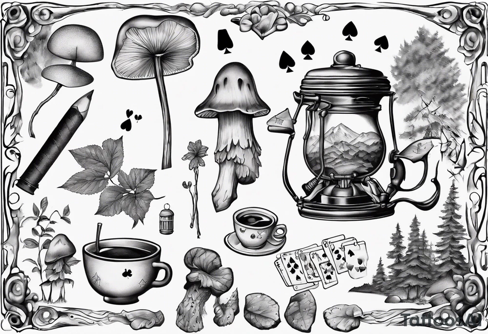 mounting landscape with little boletus in the forest.
Add in a middle an antique clock at 9:44pm. across the tattoo a cinema film. And on top a game of poker 4 cards. a Grandma's walking stick and 
A real Italian coffee maker. tattoo idea