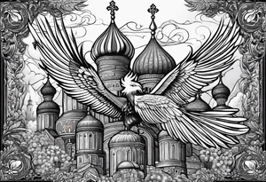 russian firebird in-flight with long fancy tail and 3 small onion cap monastery towers in background, with "Isaiah 43: 18-19" tattoo idea