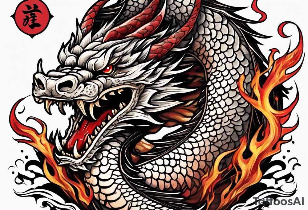 japanese dragon with flames and red highlights on a meat jerky label tattoo idea