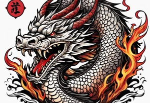 japanese dragon with flames and red highlights on a meat jerky label tattoo idea
