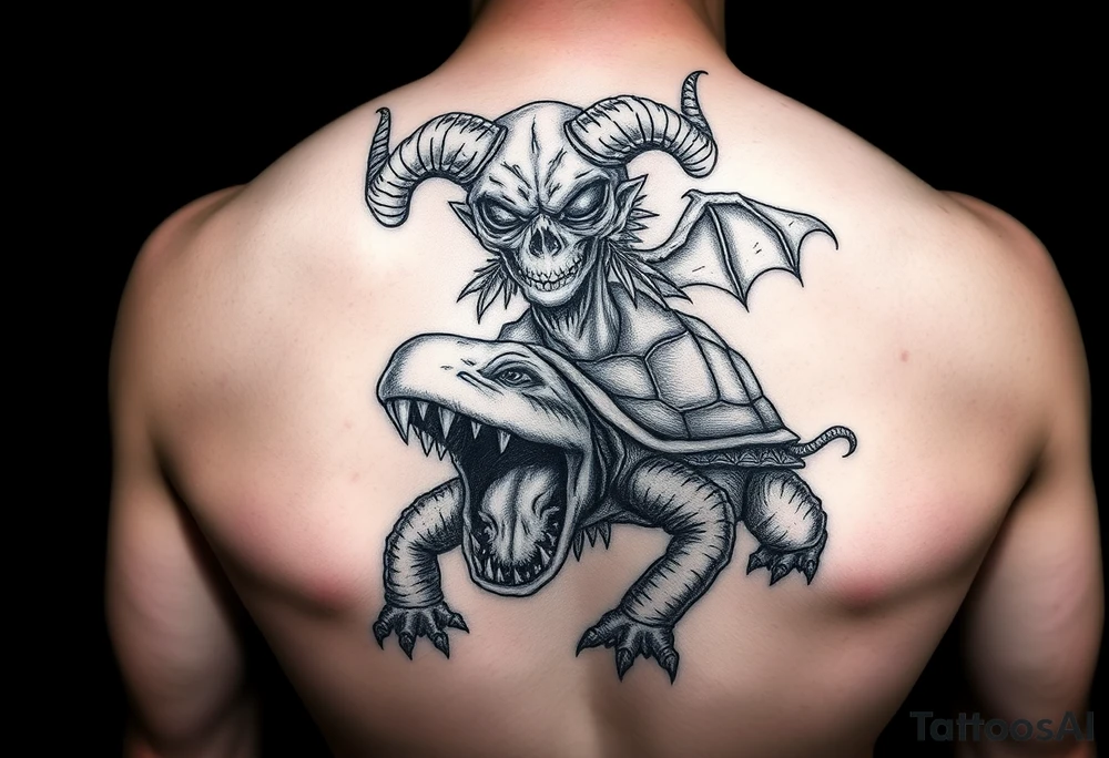 An insane human with alien eyes and the devils  riding a turtle who has a giant open mouth and long teeth with ram horns tattoo idea