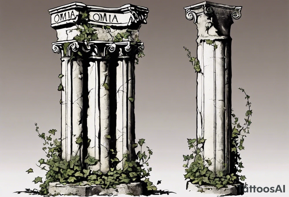 I want an ancient Roman pillar, with apparent cracks on it and a little bit of overgrown plants such as, but not limited to, ivy. The top part of the pillar has fallen off and is found to the right of the pillar. The top part shows that it is an Ionian pillar and has the word "OMNIA" written on it. The tattoo has some shading as the pillar is turned very slightly, about 10 degrees, to the right. The top part of the pillar must have fallen off, and is slightly crumbled. tattoo idea