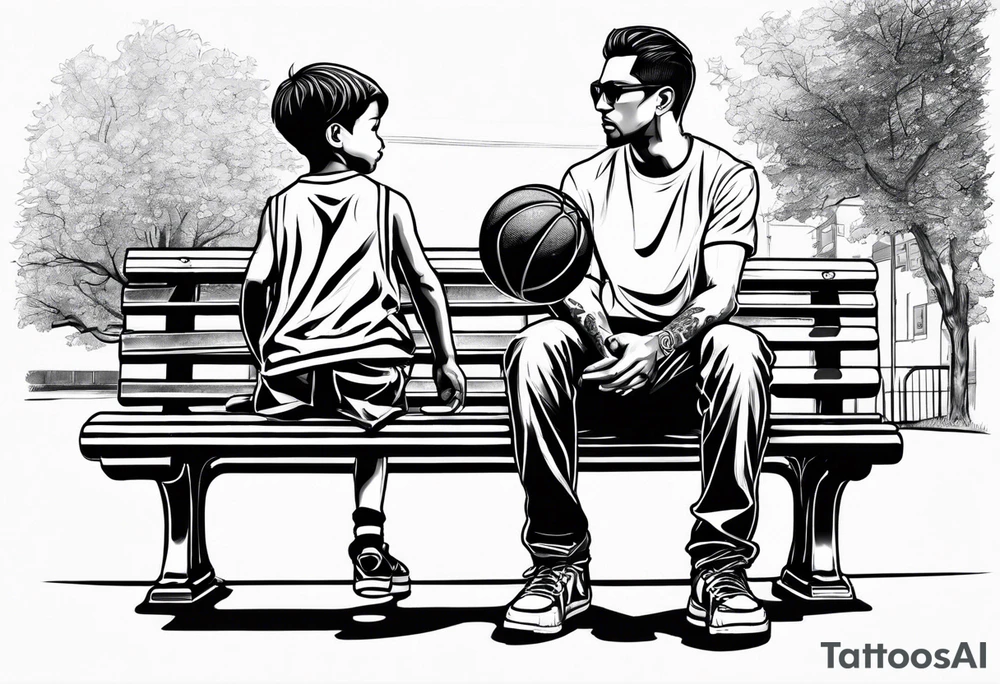 man standing handing a basketball to kid on a bench tattoo idea