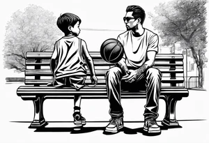 man standing handing a basketball to kid on a bench tattoo idea