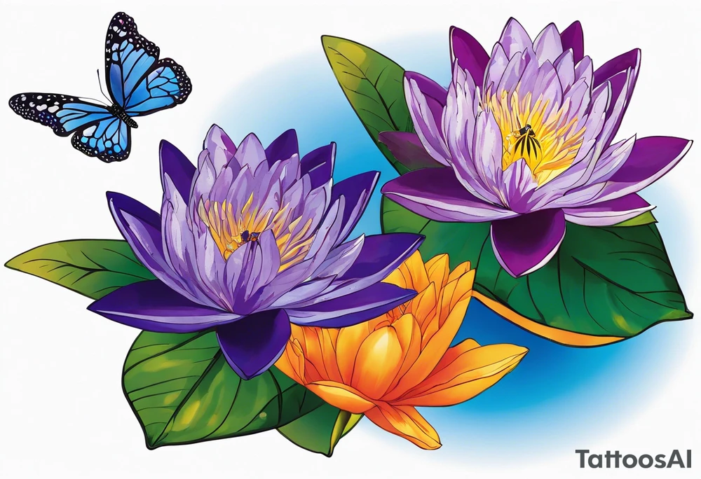 Design a vine of flowers tattoo Centerpiece: Blue and purple Water Lily: Place this at the center, its petals elegantly spread, symbolizing serenity. Place a blue butterfly resting on the waterlily Orange Marigold: Positioned to one side of and below the water lily, with vibrant petals, and a small bumblebee buzzing nearby. Purple Gladiolus: Tall and striking, place these on one side and above the water lily cascading slightly for a natural look. Purple Iris: Integrate these on the opposite side and above the water lily, their unique shape adding depth and contrast. Pink Rose: Position this slightly below the water lily with its delicate petals and gentle curves. Interweave around the water lily, Marigold and rose christmas holy vine with dark green leaves and red berries Vine and Leaves: Use flowing vines that interweave between the flowers, creating a cohesive look. Add leaves that vary in size and shape for a naturalistic tattoo idea