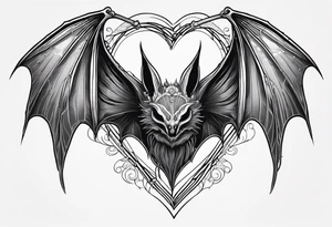 Evil bat holding a lycoris radiata, skeleton hands making heart shape with fingers around the bat, lycoris radiata accents surrounding the outside tattoo idea