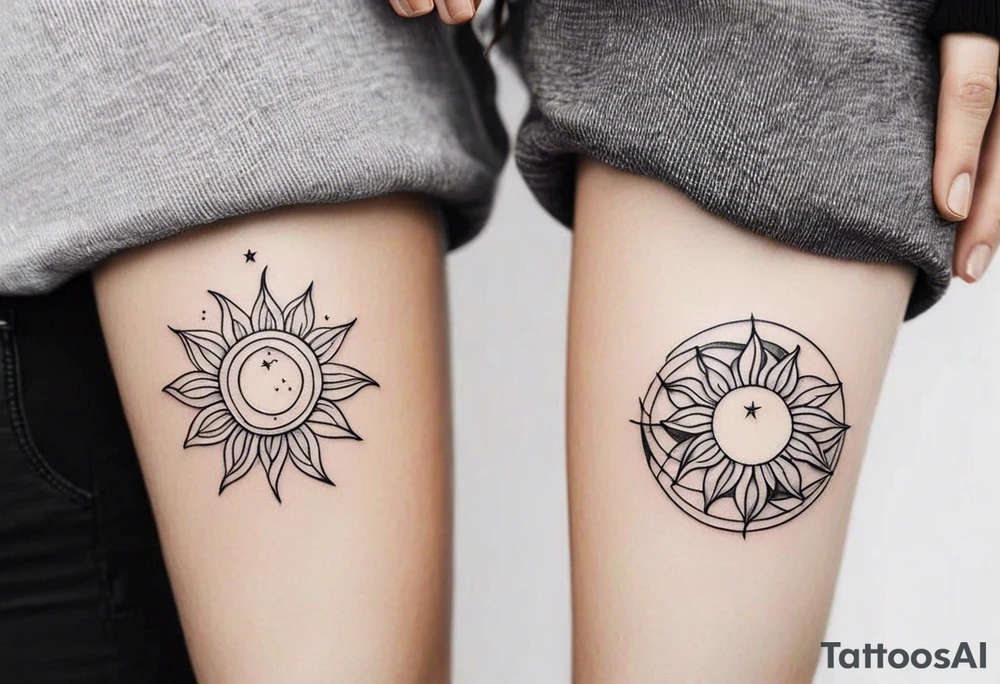 Matching friend tattoos, moon and sun, floral, vines, tiny and minimal tattoo idea