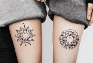 Matching friend tattoos, moon and sun, floral, vines, tiny and minimal tattoo idea
