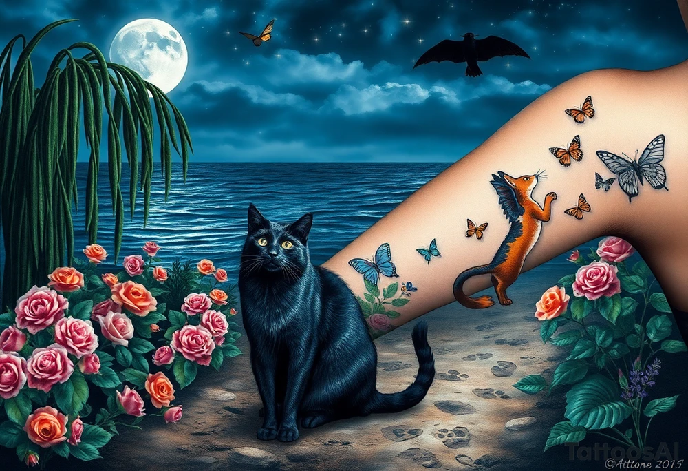 Night time. Ocean.  weeping willow garden with roses and liles flower beds. fantasy creatures, fairies, mermiads, dragons butterflies,  cat paw prints path in dirt. Black cat and orange cat tattoo idea