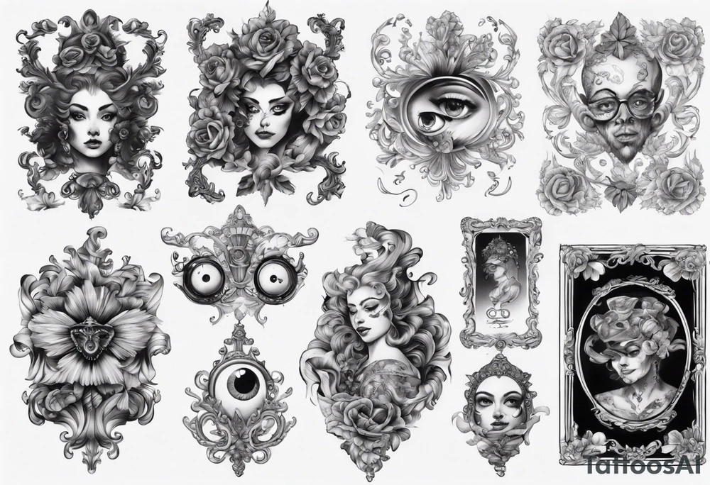 Baroque with card and eye sleeve tattoo idea