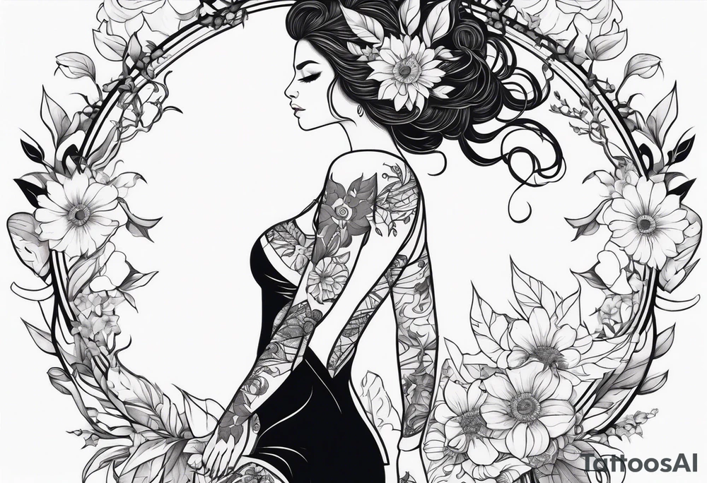 Full body Powerful sexy warrior woman wearing animal fur surrounded by flowers and vines tattoo idea