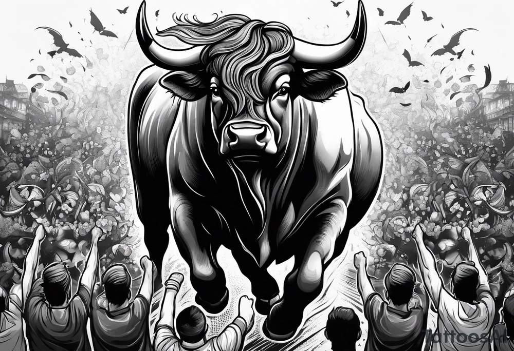 Large bull with horns busting through crowd tattoo idea Large bull with horns busting through crowd tattoo idea