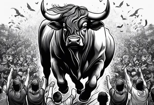 Large bull with horns busting through crowd tattoo idea