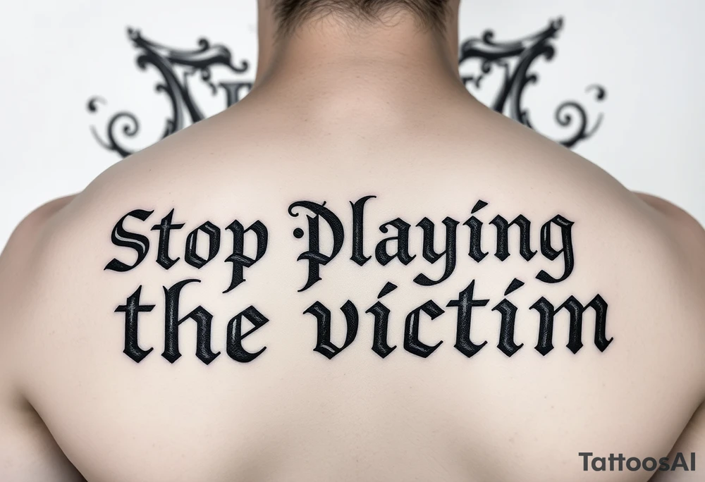 Writer the phrase :"Stop Playing the victim".
Nodo senza fine sign in background.
The words in greek style tattoo idea