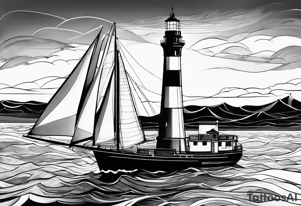 phare maritime dans un bateau entouré de voiles. tattoo idea