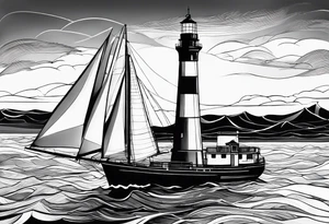 phare maritime dans un bateau entouré de voiles. tattoo idea