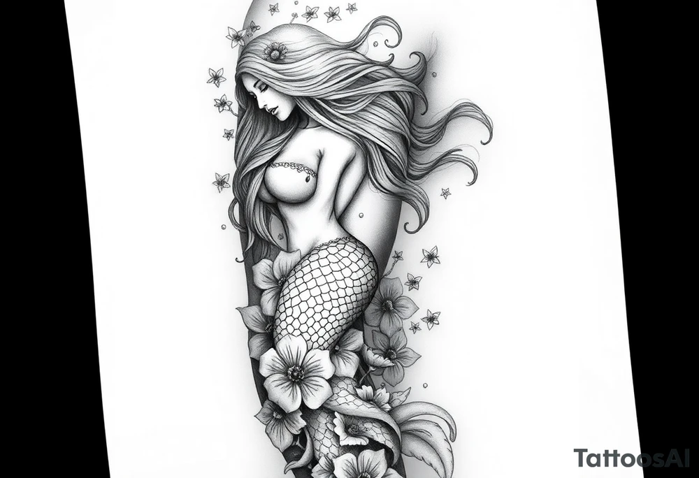 ethereal mermaid with flowing hair among coral and sea flowers tattoo idea