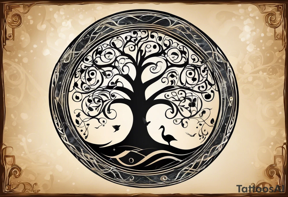 A tattoo design that incorporates the following elements: an abstract tree of life that has roots emerging  from the ground. Waves of water wrap around the tree in a non symmetrical design.  Incorporate musical notes into the tree. the letters U and A are overlapping and engraved into the tree. The game of golf incorporated but not prominent. tattoo idea