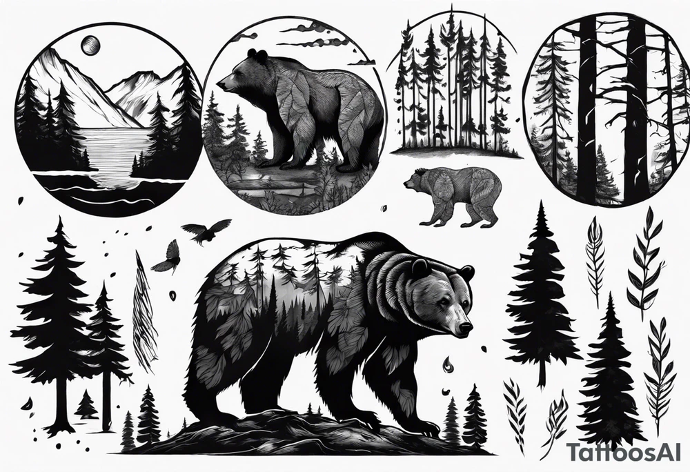 bear, forest, lake, appalachia, arm sleeve tattoo tattoo idea