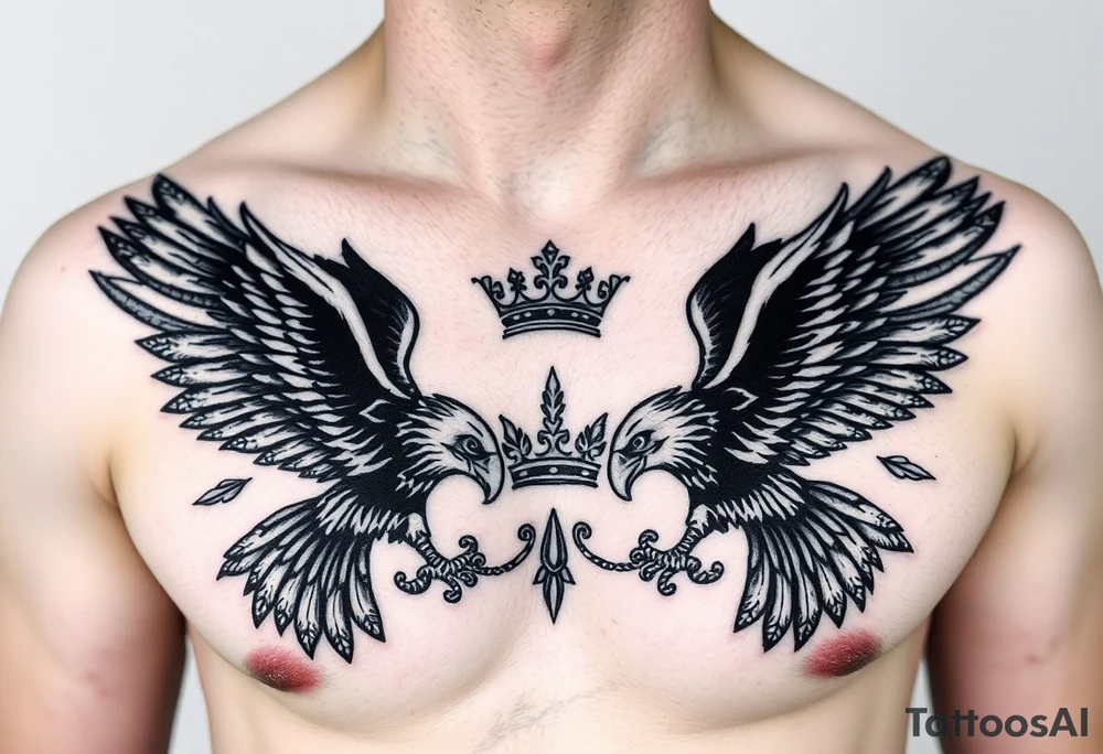 Chest tattoo,powerful two pilish symetricals majestic darks eagles, surrounded by lure ornaments , between eagles a crown tattoo idea
