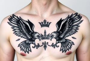 Chest tattoo,powerful two pilish symetricals majestic darks eagles, surrounded by lure ornaments , between eagles a crown tattoo idea