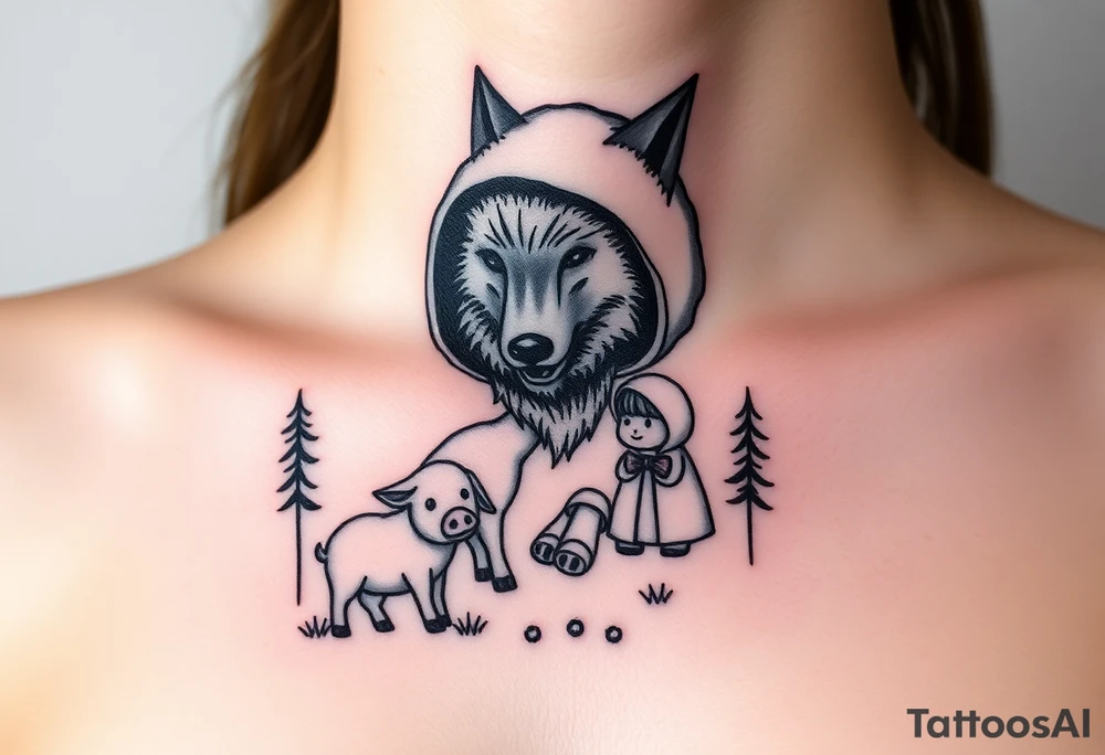 Big bad wolf nursery rhyme wearing a sheep costume with sheep head as hood and eat the three little pigs and little red riding hood in the woods tattoo idea