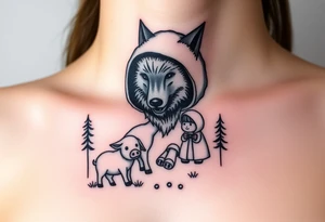 Big bad wolf nursery rhyme wearing a sheep costume with sheep head as hood and eat the three little pigs and little red riding hood in the woods tattoo idea