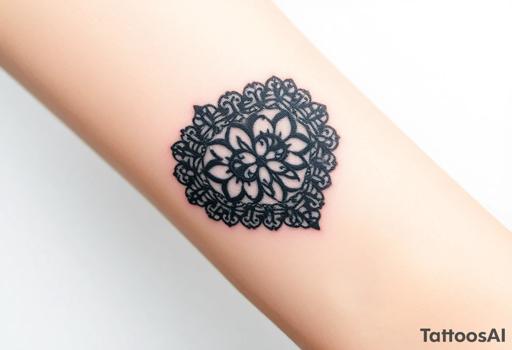 A heart-shaped lace pattern in black and silver, with a delicate filigree border tattoo idea