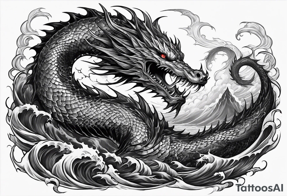 Menacing leviathan serpent fighting behemoth tattoo idea