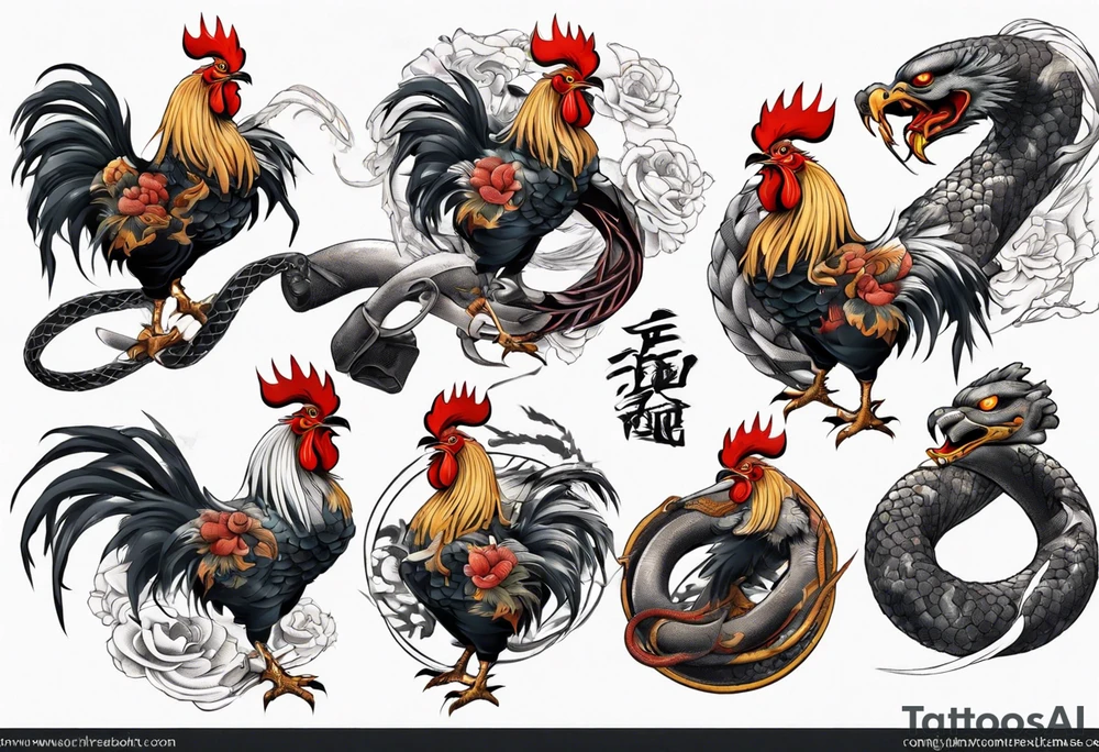 Samurai rooster fighting a snake tattoo idea
