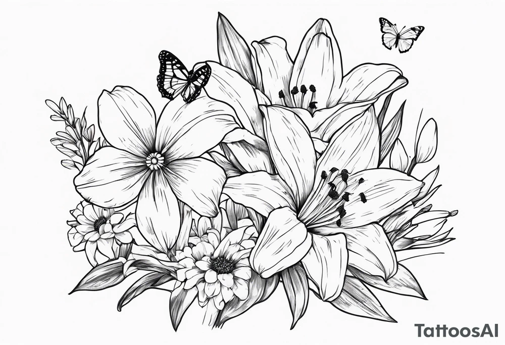 Wild flower of lily daisy and daffodil bouquet with butterfly 6-8 inches bi tattoo idea