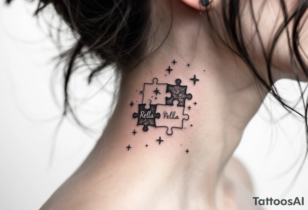 Puzzle piece tattoo on side of the neck that says Rella in the middle tattoo idea
