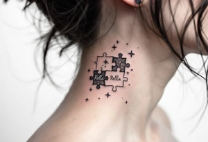 Puzzle piece tattoo on side of the neck that says Rella in the middle tattoo idea