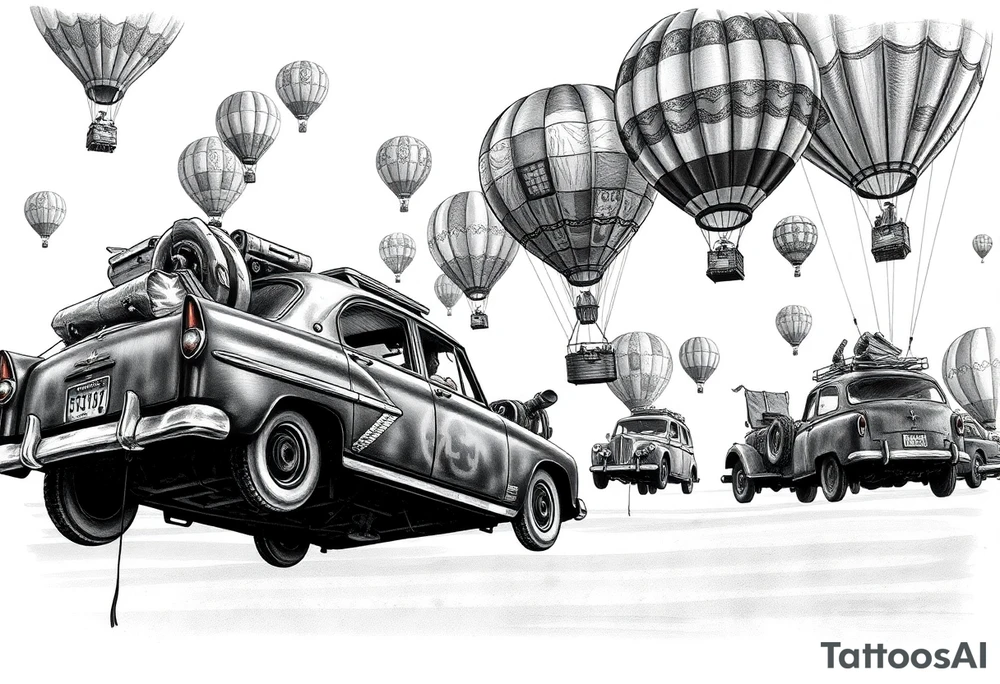 in a very steam punk vibe i want you to make a picture of a bunch of old beat up cars with people lounging in them and garbage and junk all up in and on them, tied to hot air balloons floating in the sky right about dusk and they are as far as the eye can see i want the cars to be floating as if they were the basket to the hot air balloons and the hot air balloons are all different colors and patterns and some are old and patched and i dont want to see the ground at all  i want this to be a scene that is up in the sky with them all floating under the balloons like it is in a dream tattoo idea