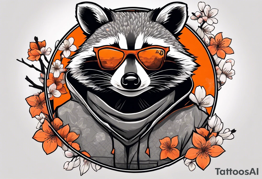 raccoon wearing a black and white Superman hoodie and orange Japanese cherry blossoms tattoo idea